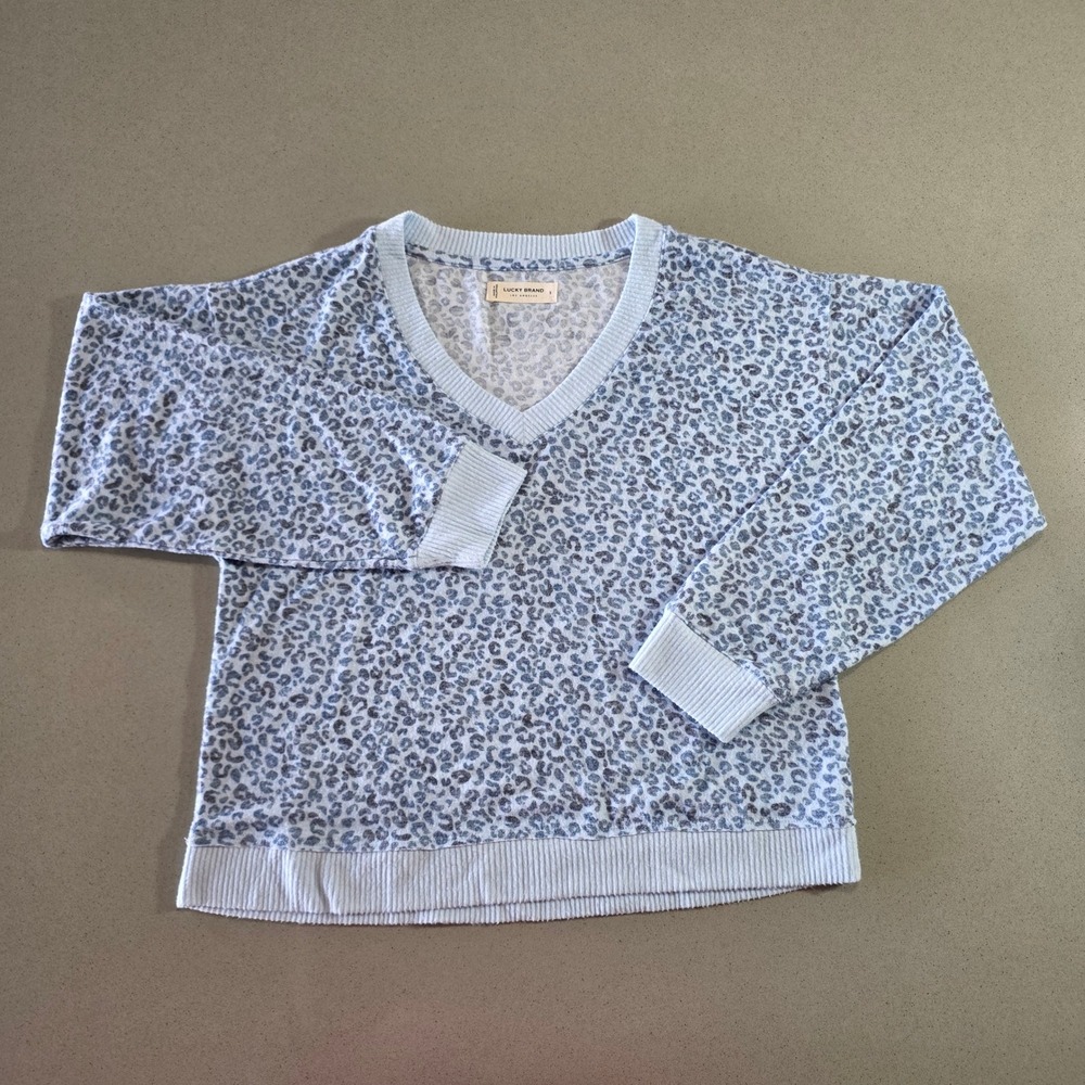Lucky Brand Womens Light Blue Grey Leopard Print V-Neck Knit Top Size S